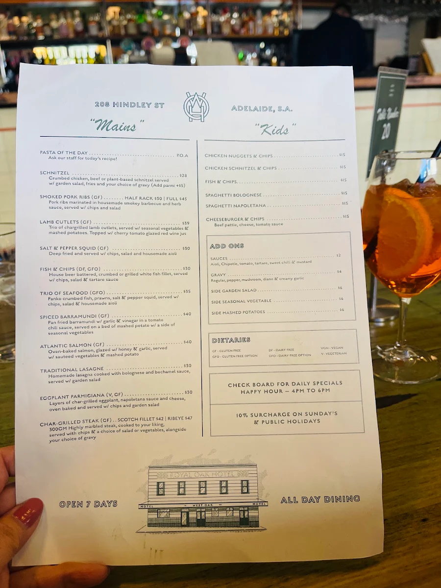 Menu, West Oak Hotel