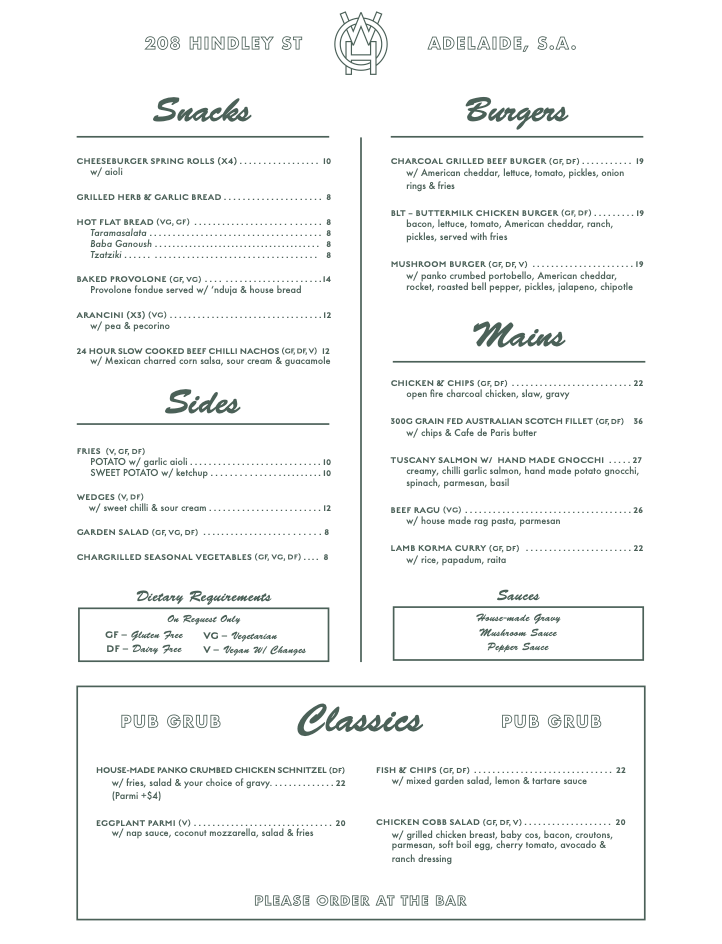 Menu, West Oak Hotel