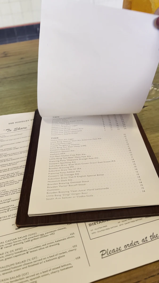 Menu, West Oak Hotel