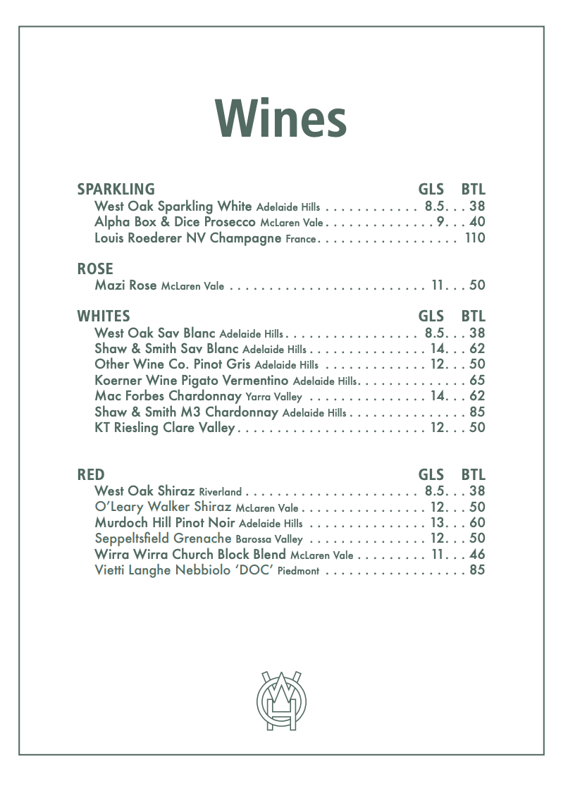 Menu, West Oak Hotel