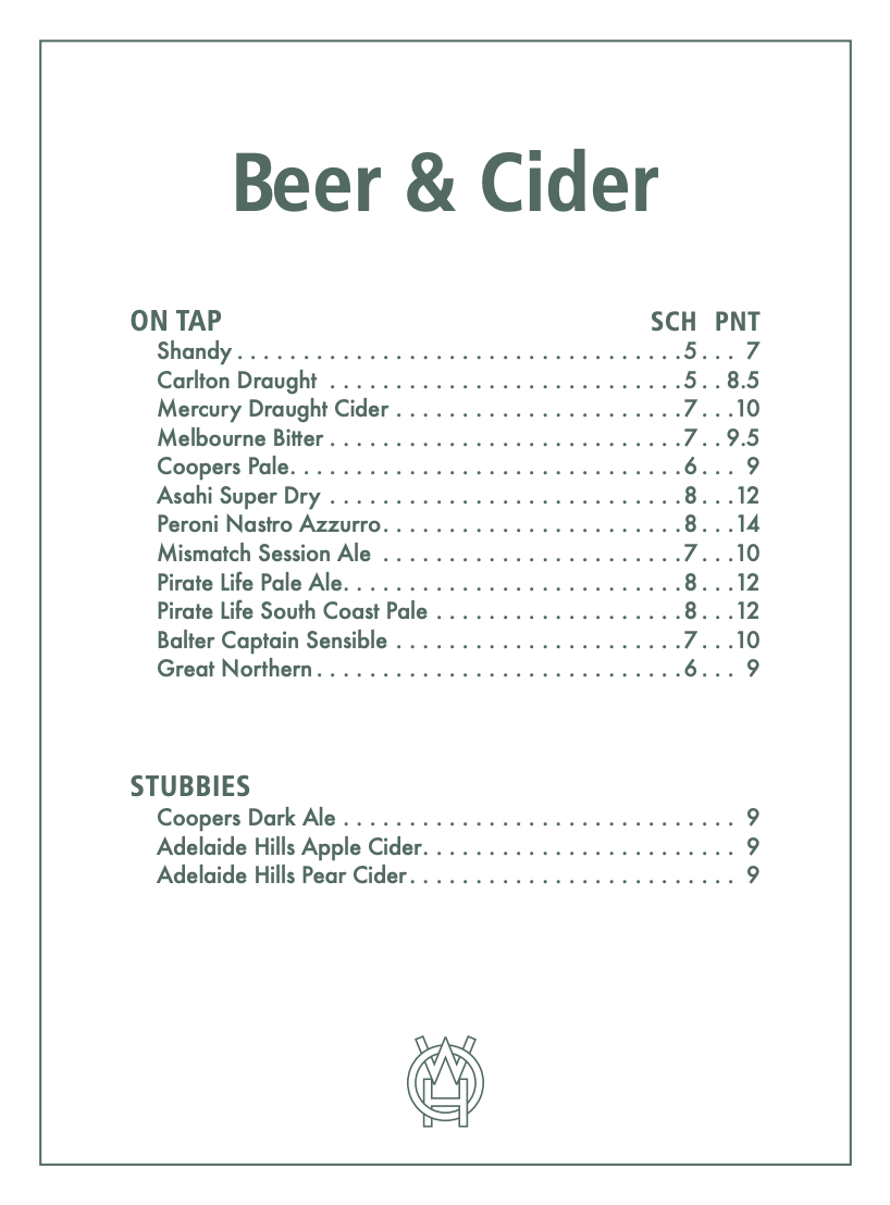 Menu, West Oak Hotel