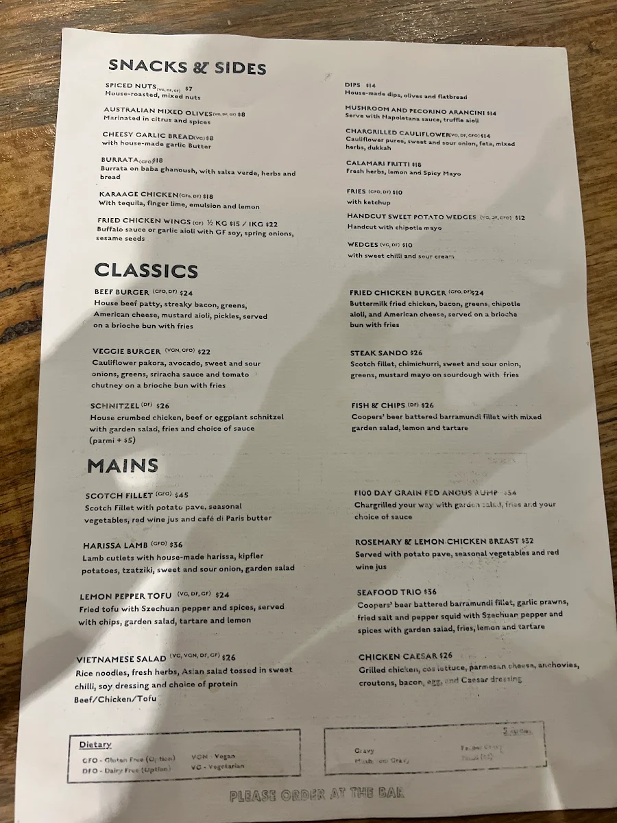 Menu, West Oak Hotel