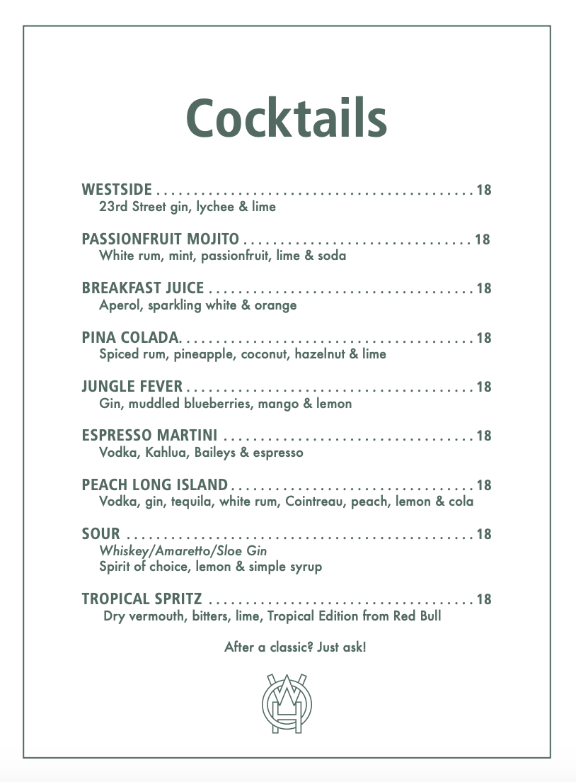 Menu, West Oak Hotel