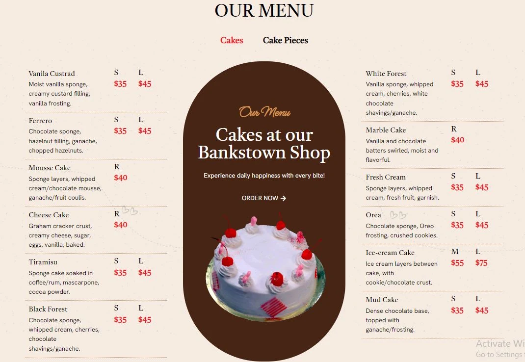 Menu, Sweet City Cafe