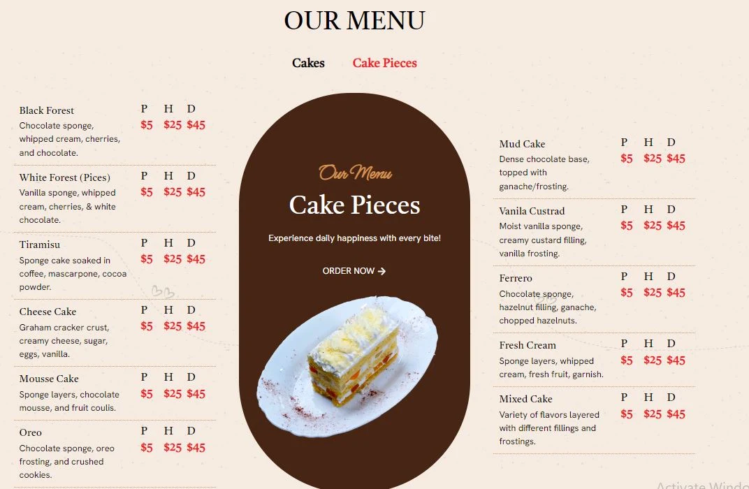 Menu, Sweet City Cafe