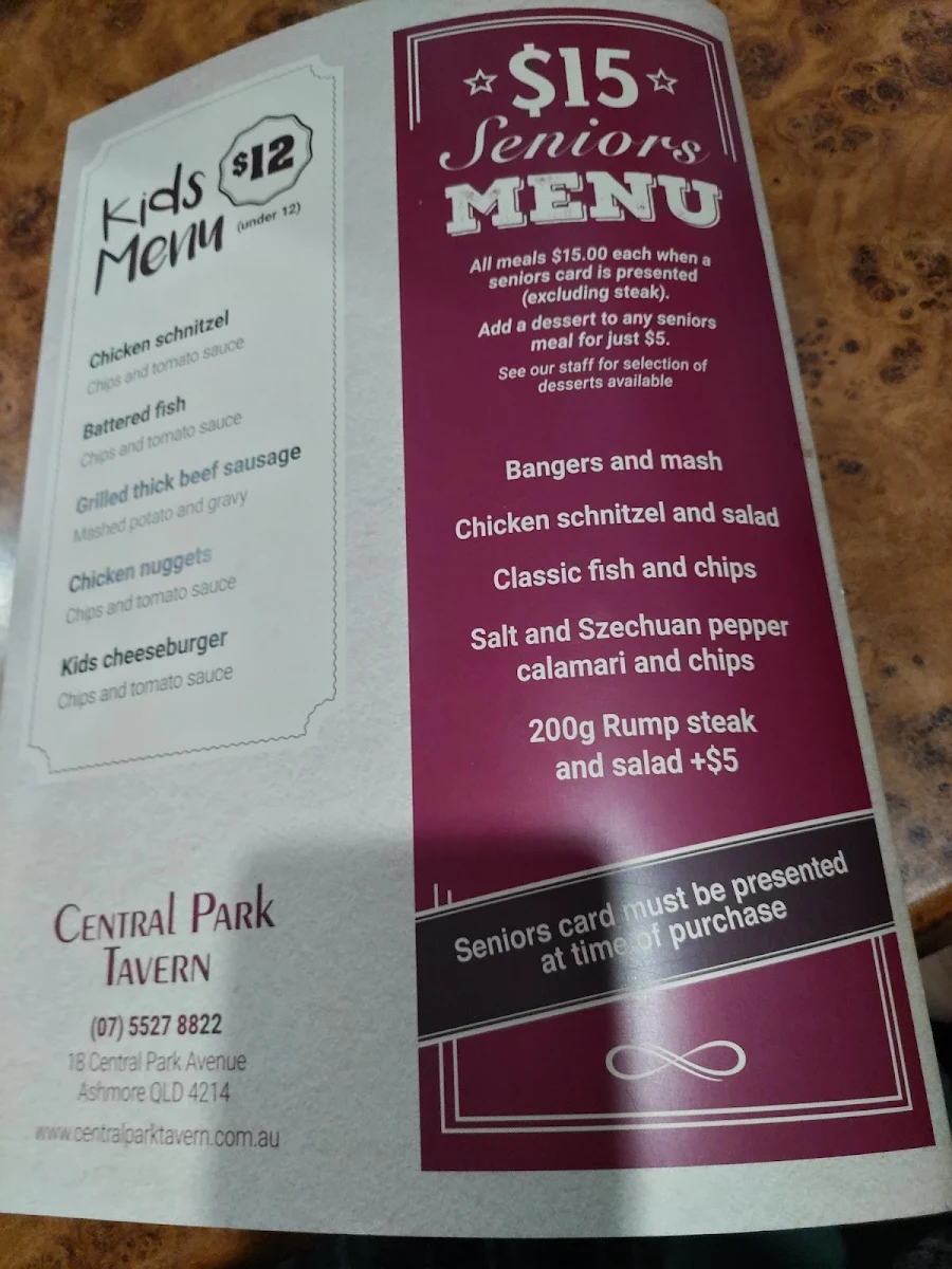 Menu, Central Park Tavern