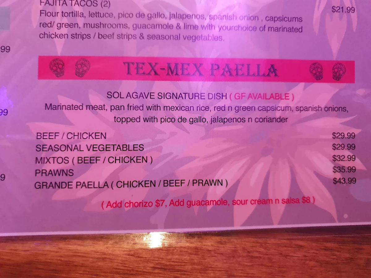 Menu, Sol Agave