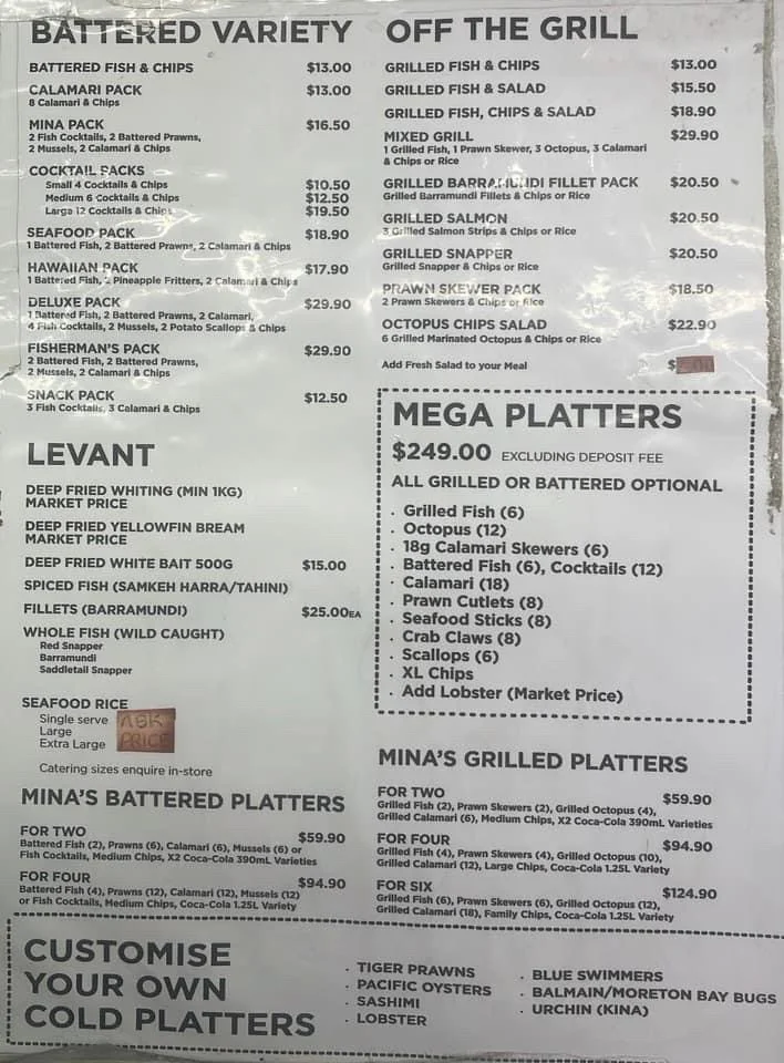 Menu, Mina Bay Seafood