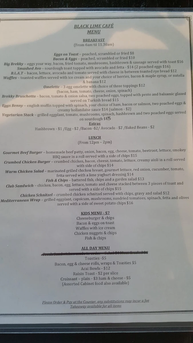 Menu, Black Lime Cafe