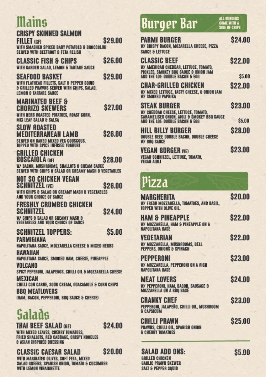Menu, Dicey Riley's Hotel