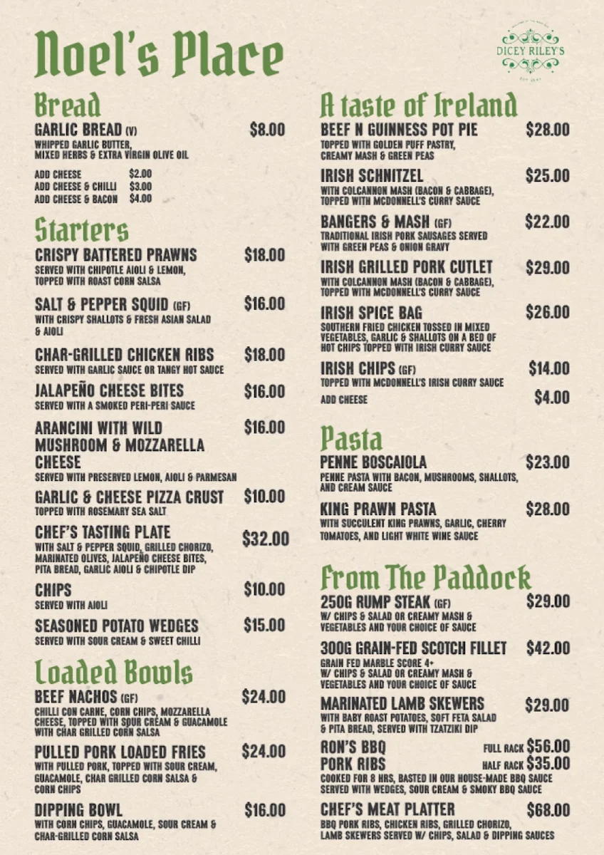 Menu, Dicey Riley's Hotel