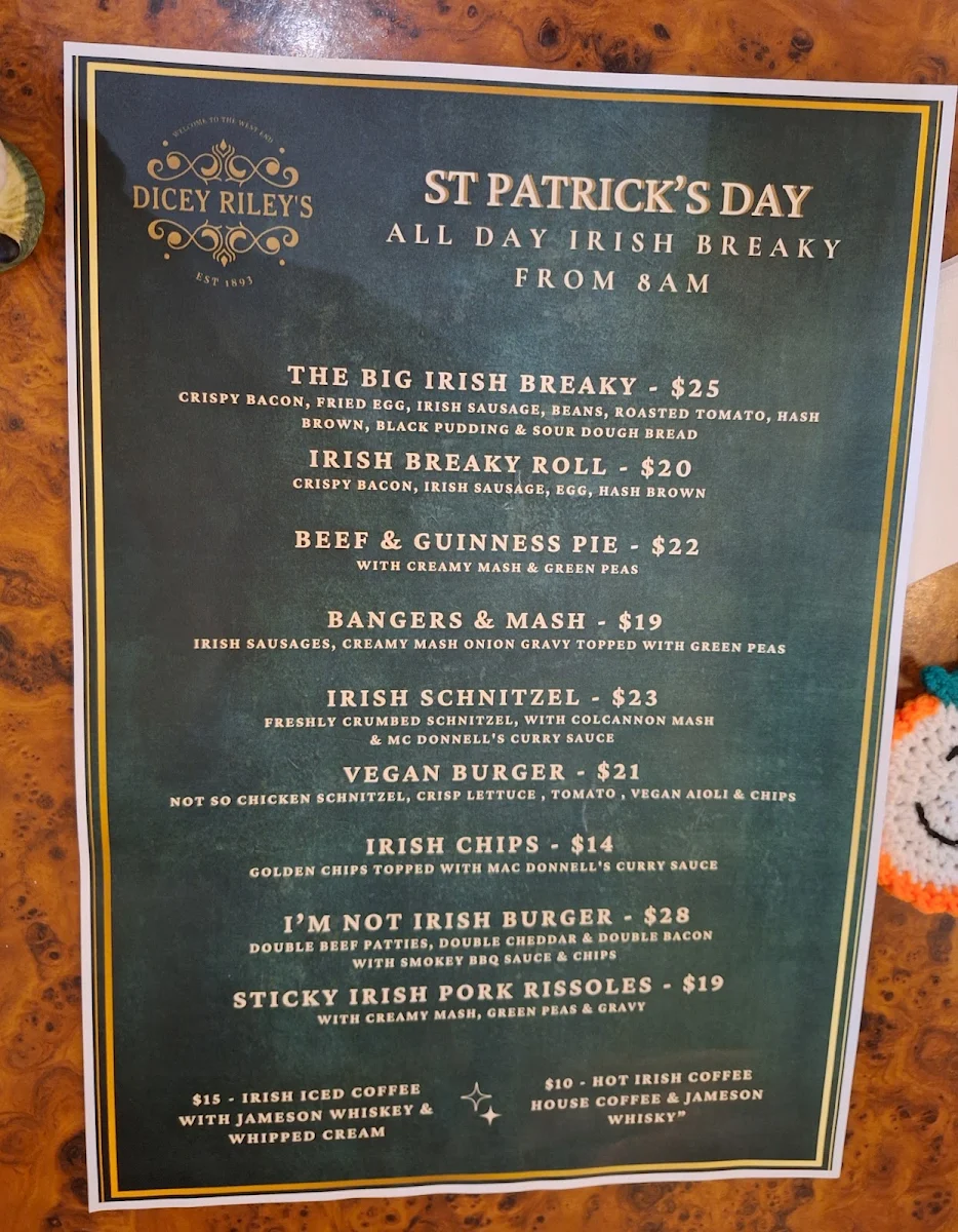 Menu, Dicey Riley's Hotel
