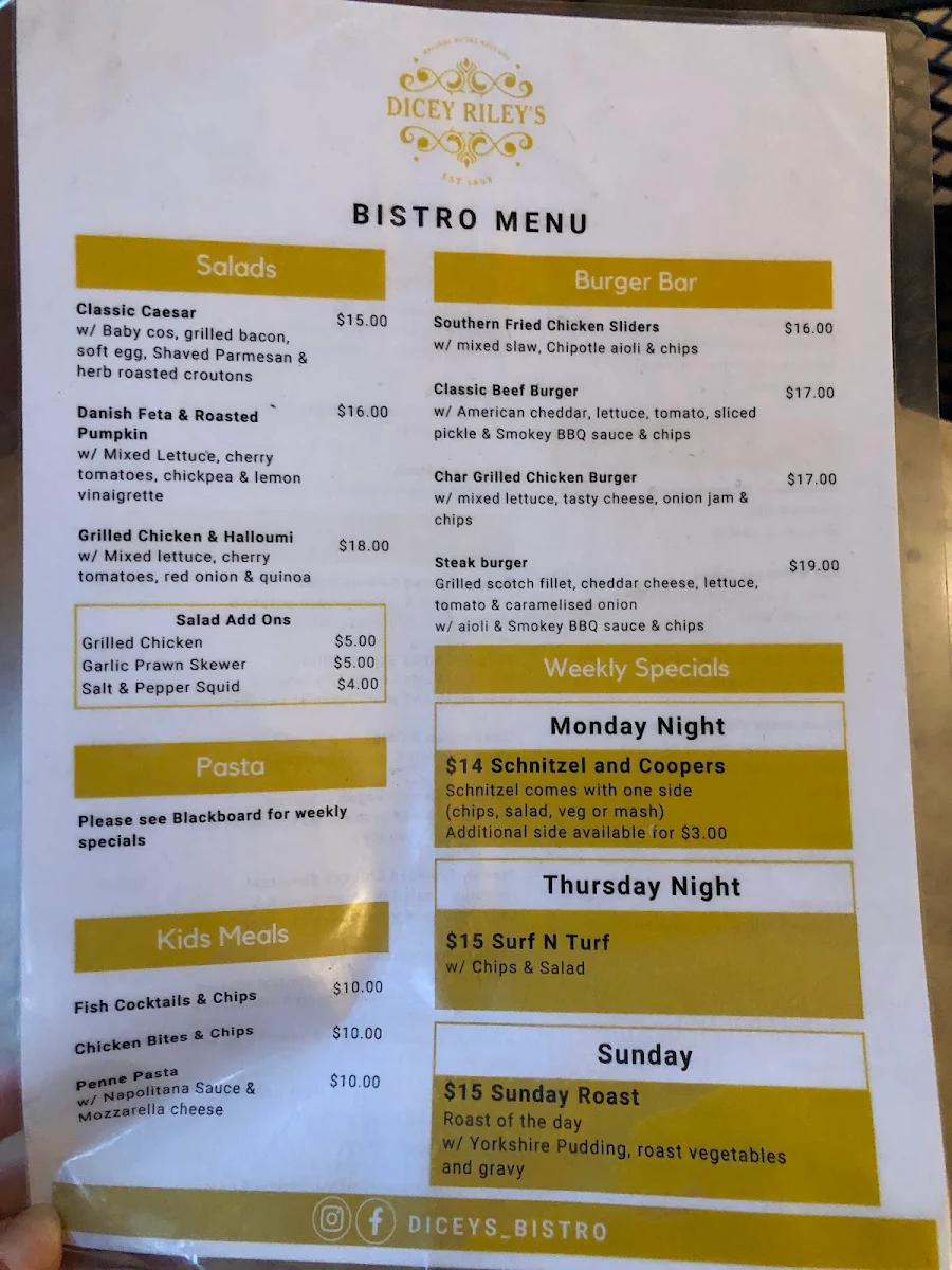 Menu, Dicey Riley's Hotel