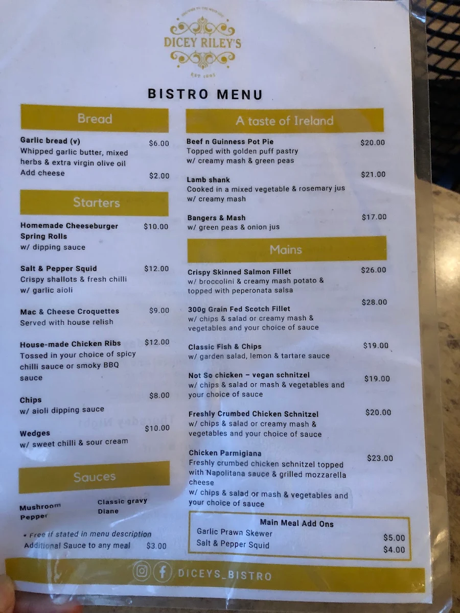 Menu, Dicey Riley's Hotel