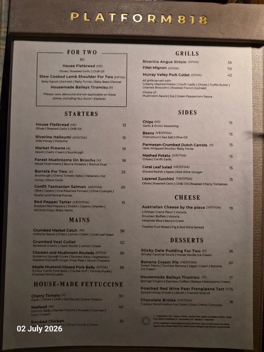 Menu, Platform 818