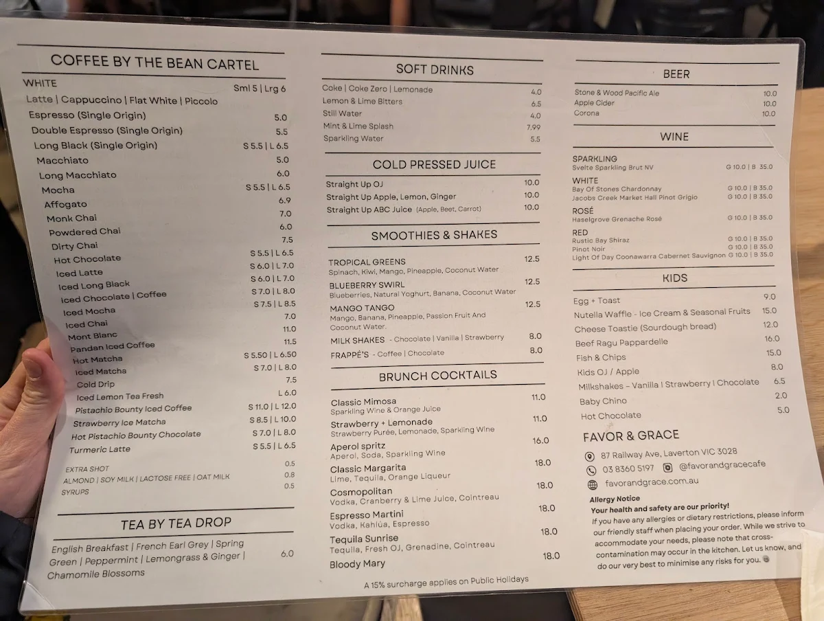 Menu, Favor & Grace