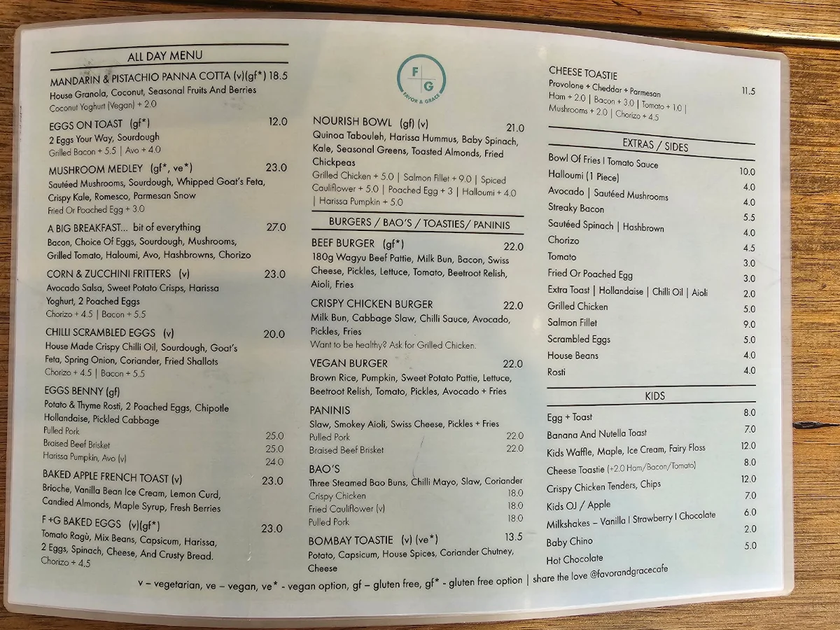 Menu, Favor & Grace