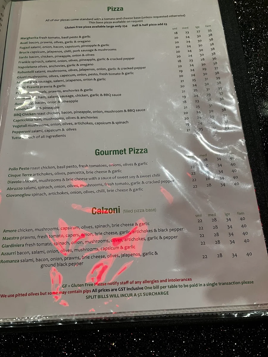 Menu, Solo Pasta and Pizza