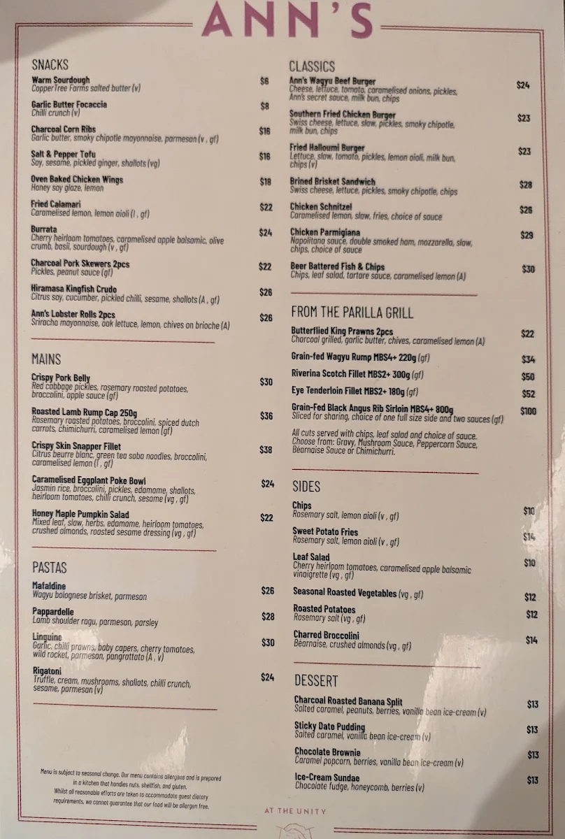 Menu, Unity Hall Hotel