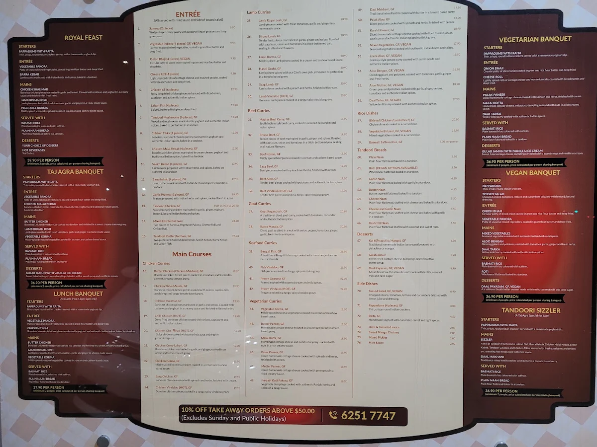 Menu, Taj Agra