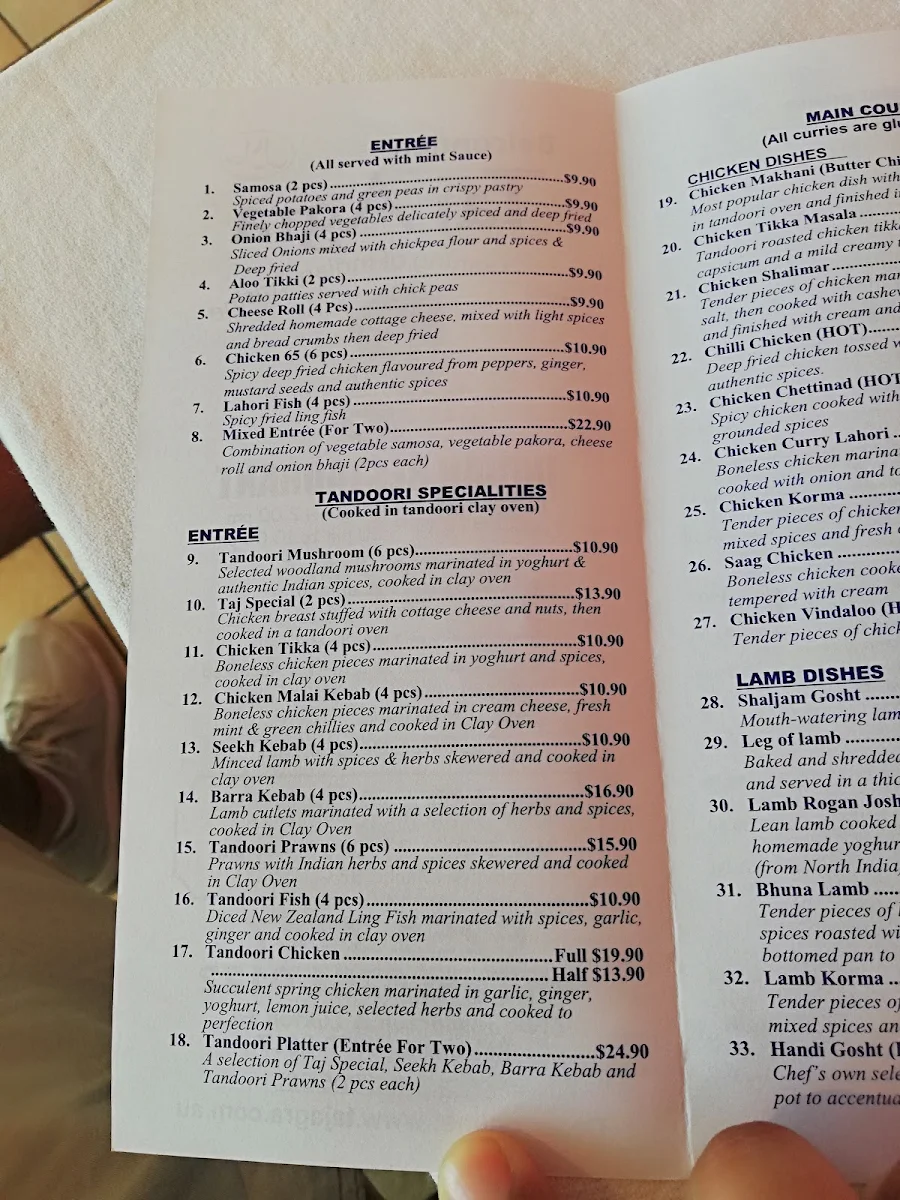 Menu, Taj Agra