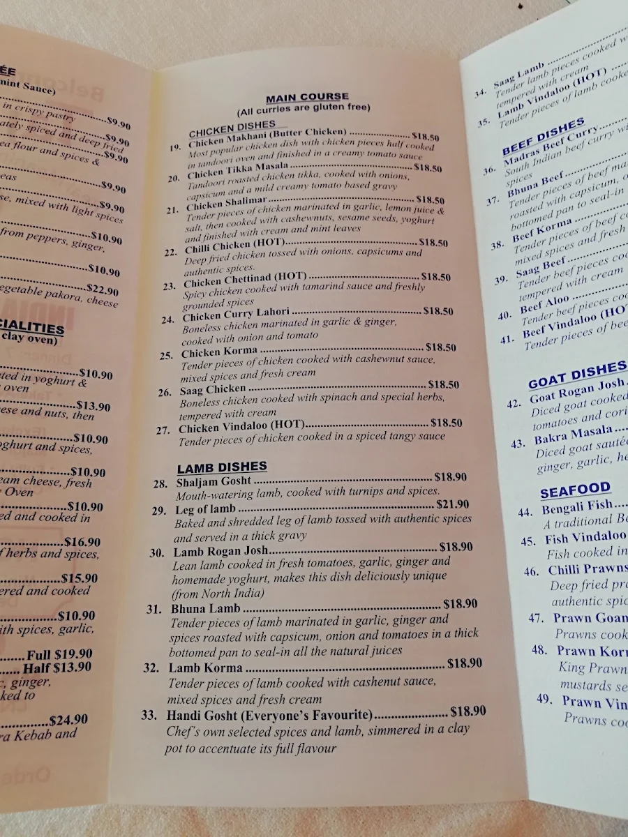 Menu, Taj Agra