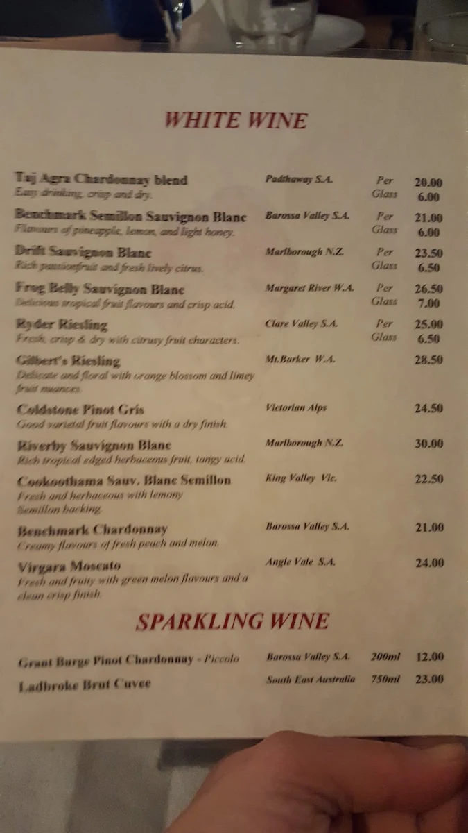 Menu, Taj Agra