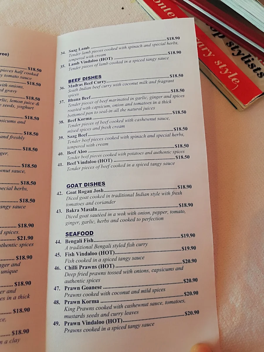 Menu, Taj Agra