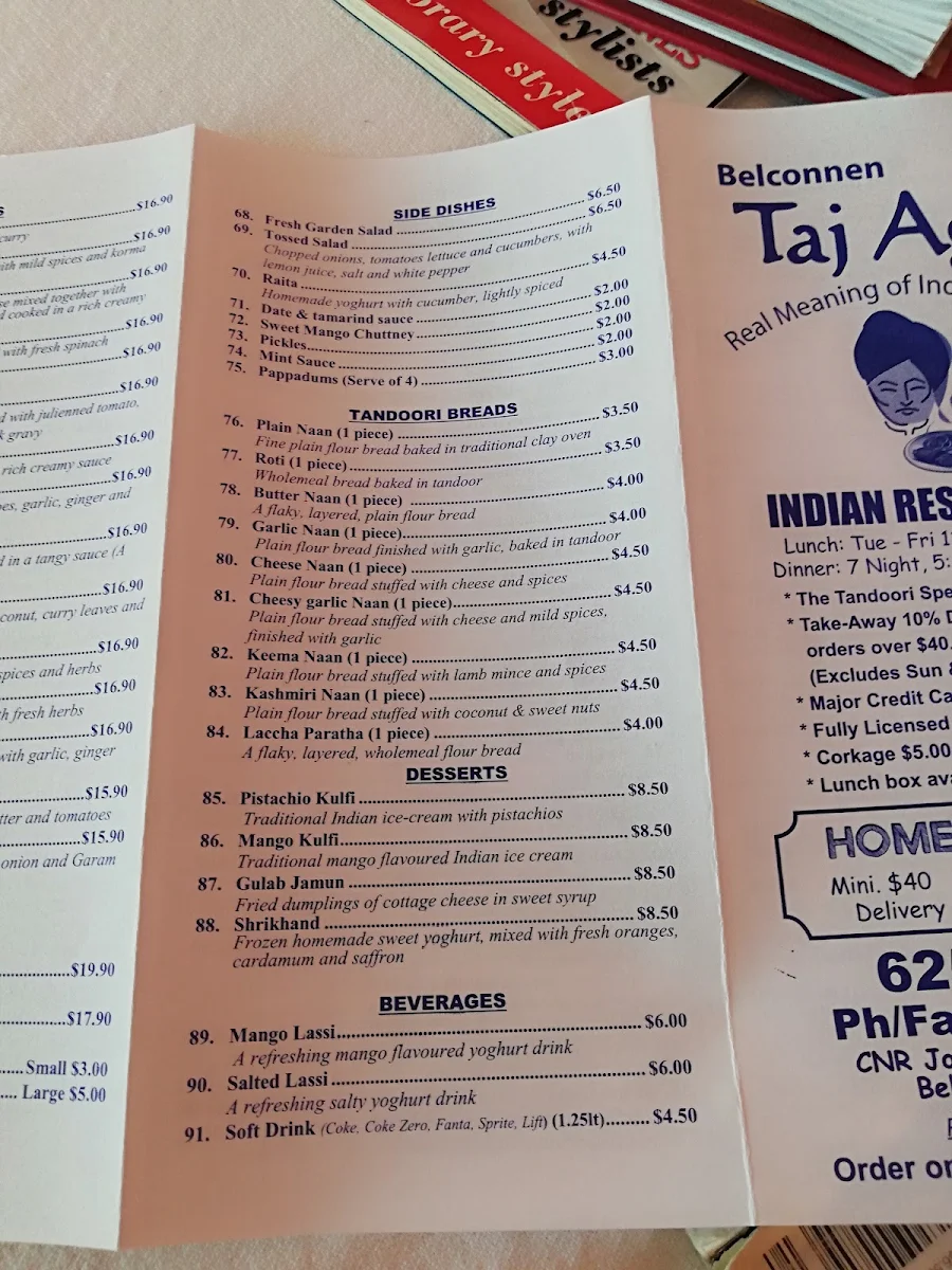 Menu, Taj Agra