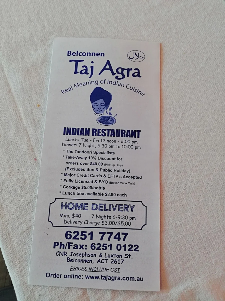 Menu, Taj Agra