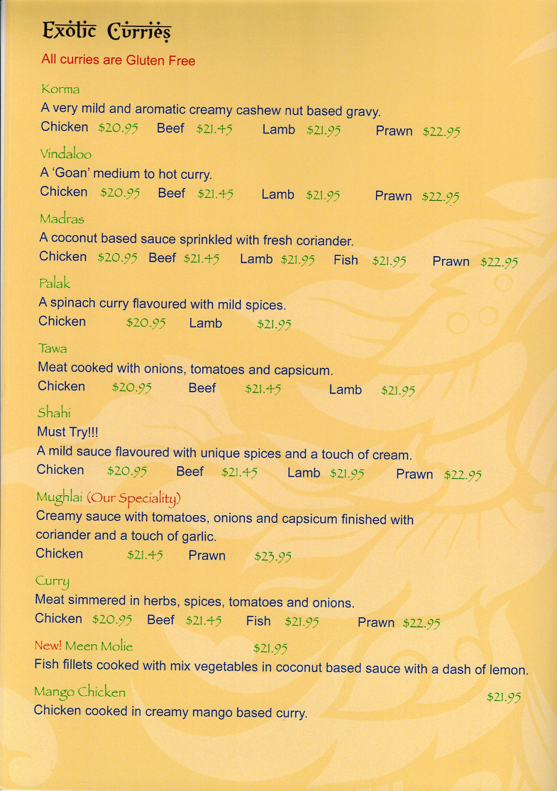 Menu, Indian Hut