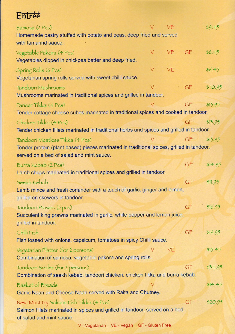 Menu, Indian Hut
