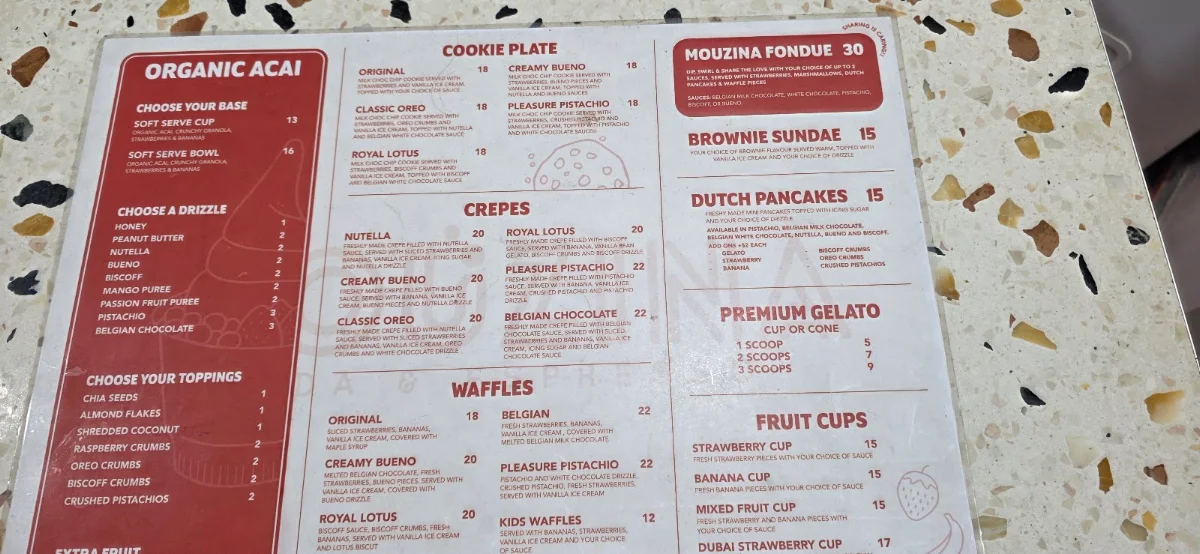 Menu, Mouzina Soda and Espresso