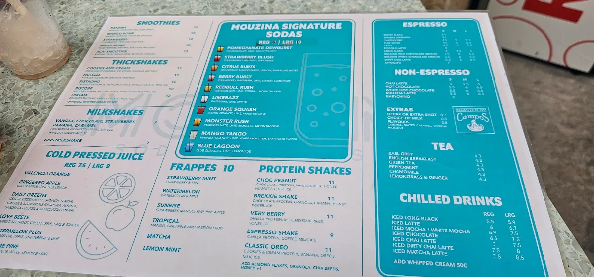 Menu, Mouzina Soda and Espresso