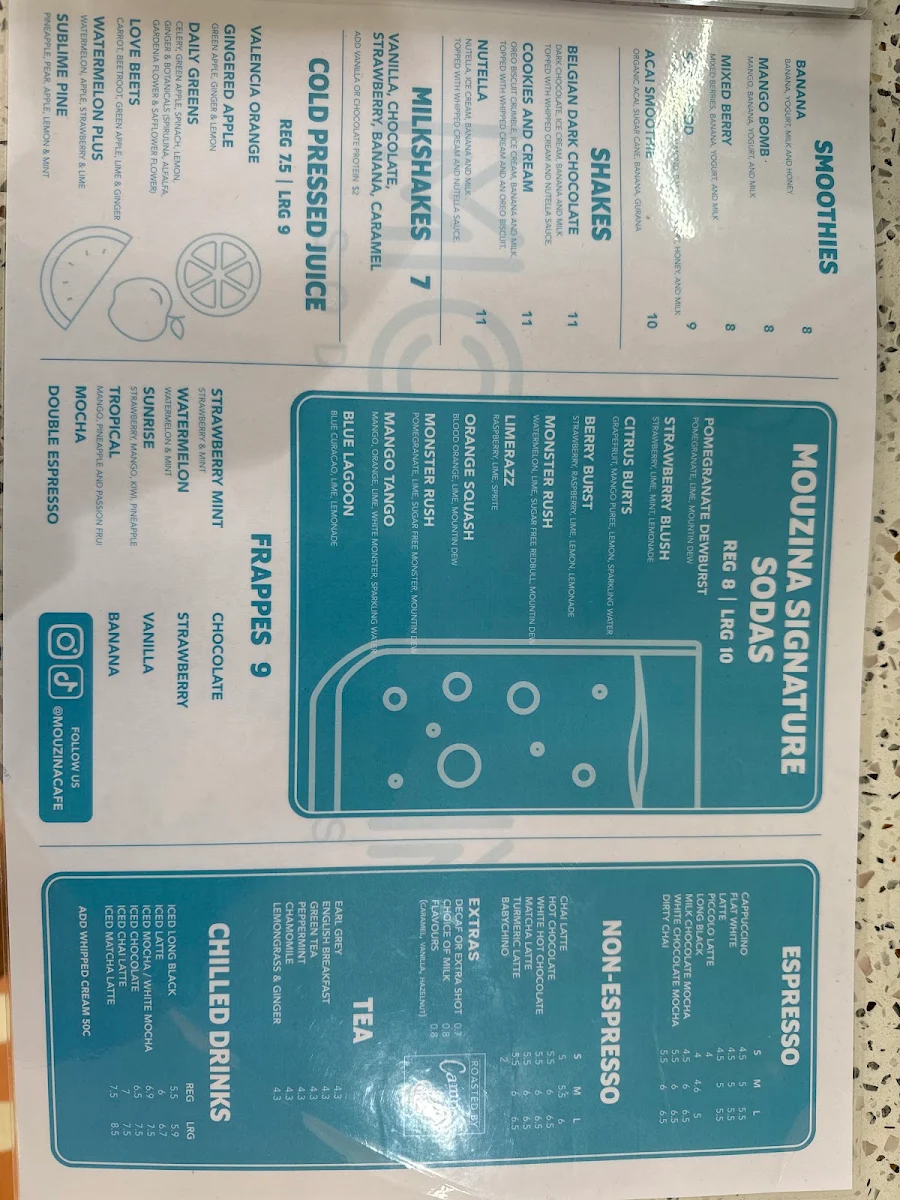 Menu, Mouzina Soda and Espresso