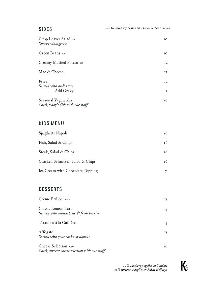 Menu, The Kingston