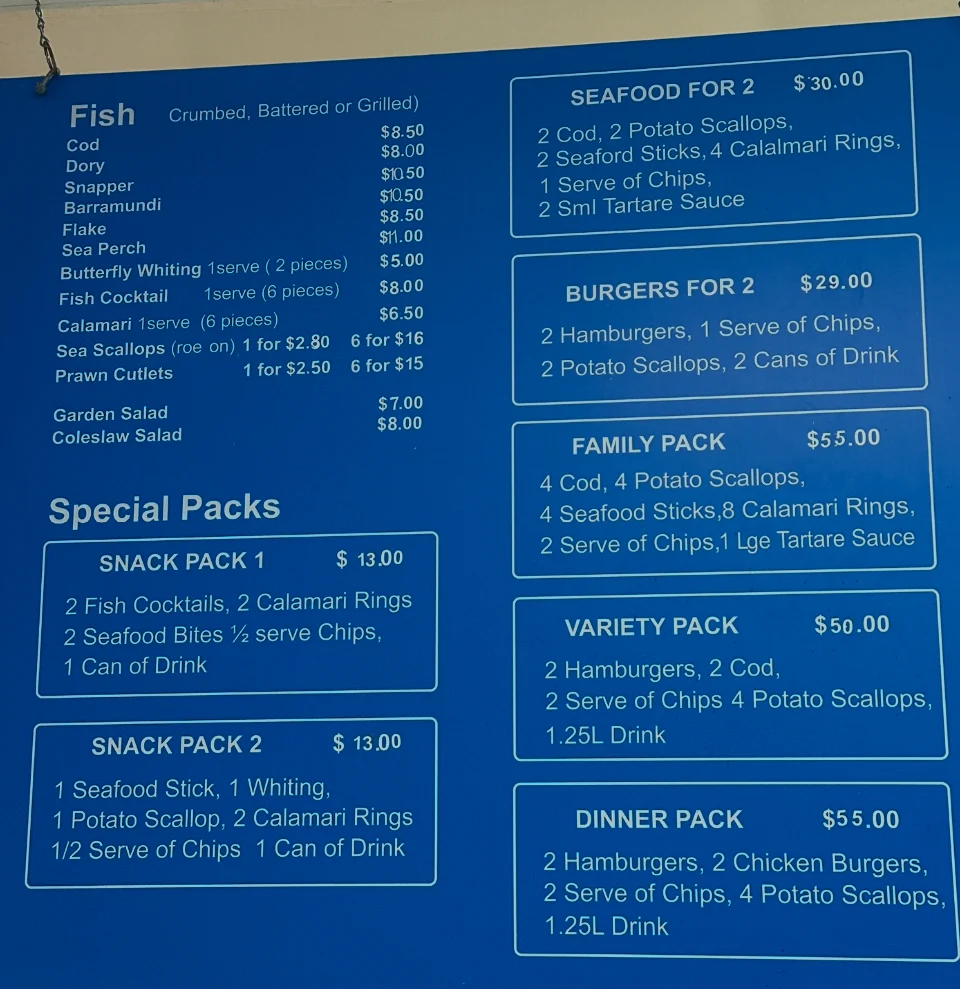 Menu, Mary's Seafood