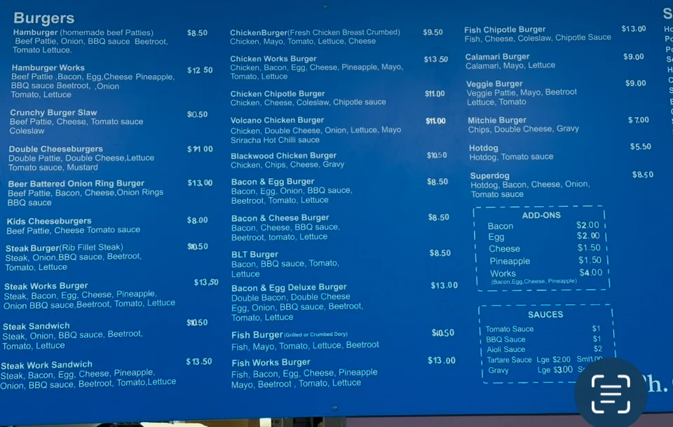 Menu, Mary's Seafood