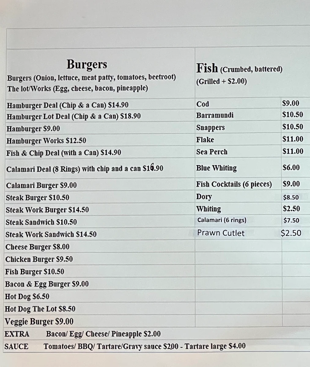 Menu, Mary's Seafood