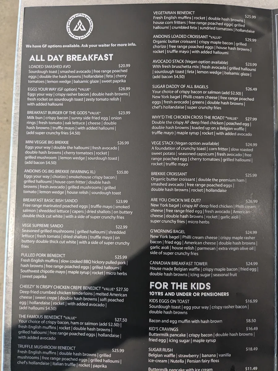 Menu, Andonis Cafe & Bar, Mount Gravatt (Logan Rd)