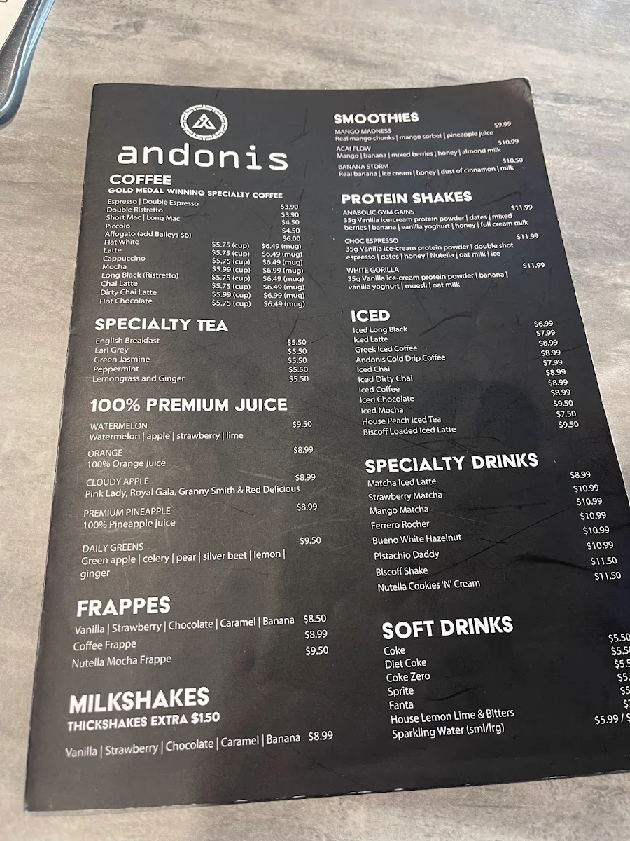 Menu, Andonis Cafe & Bar, Mount Gravatt (Logan Rd)