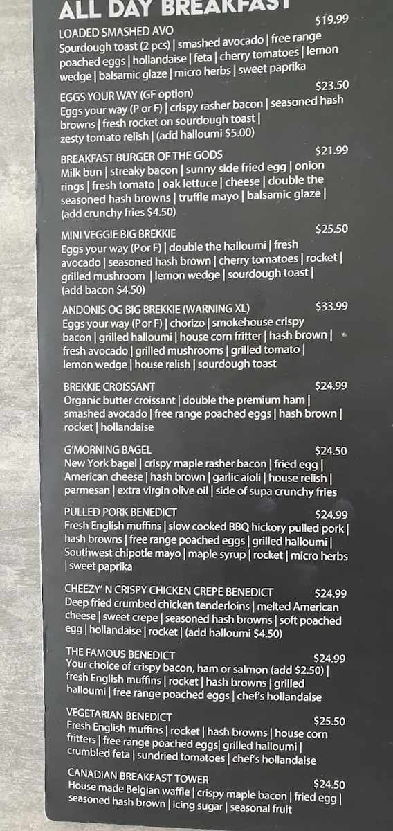 Menu, Andonis Cafe & Bar, Mount Gravatt (Logan Rd)