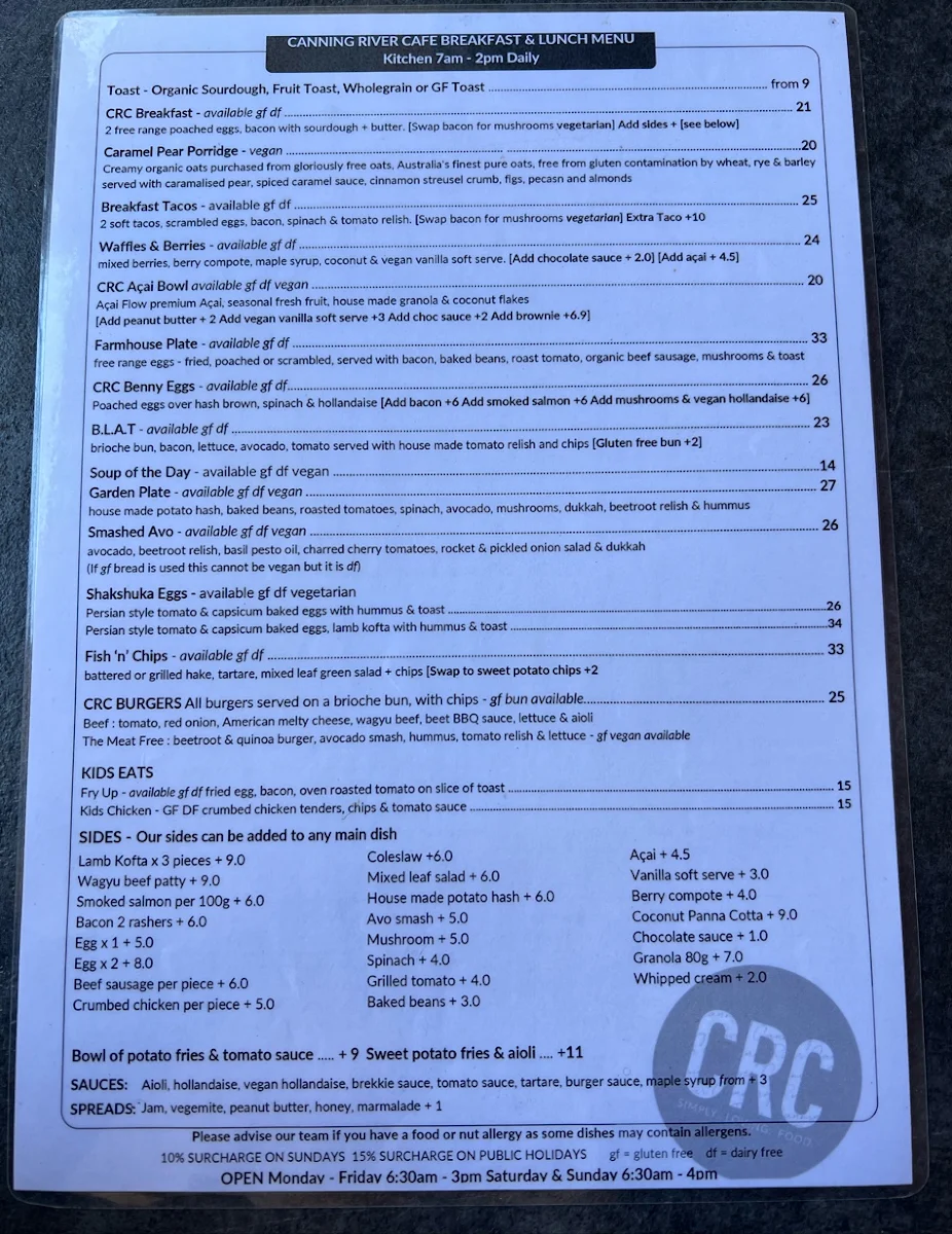 Menu, Canning River Cafe