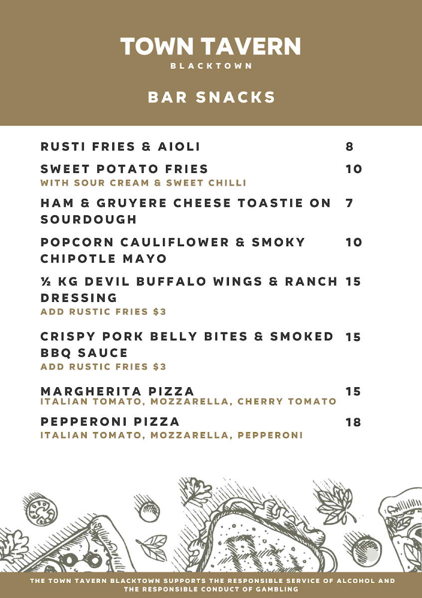 Menu, Town Tavern Blacktown