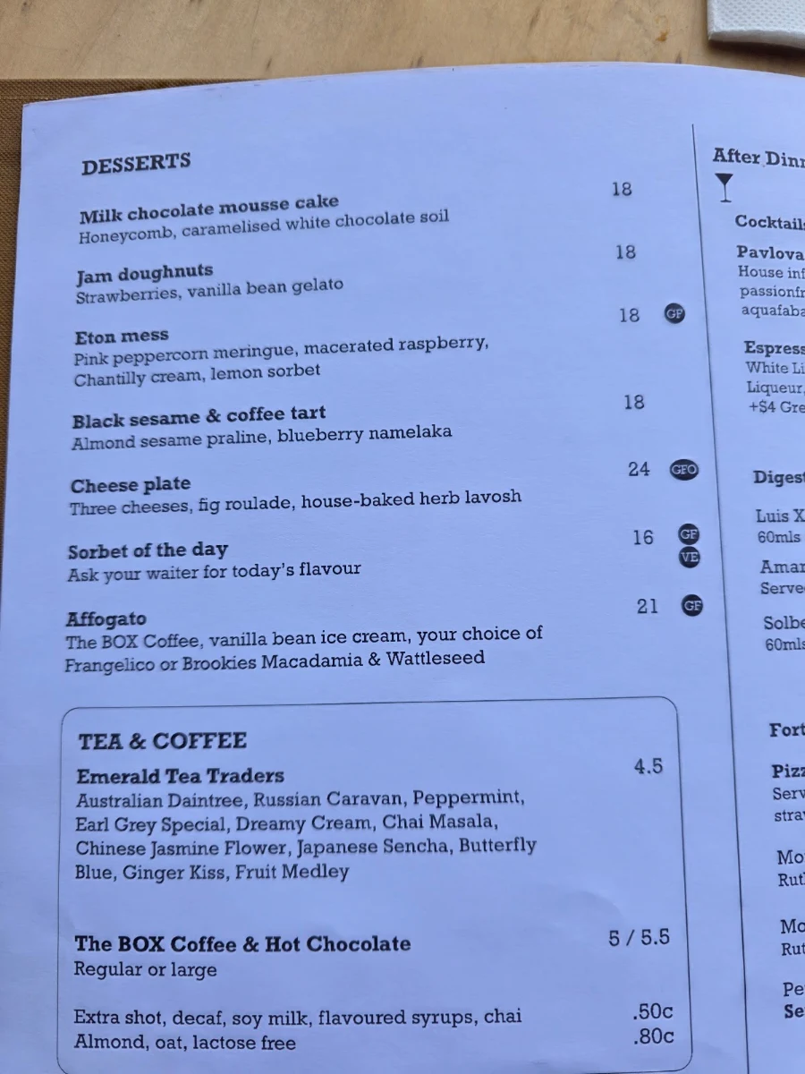 Menu, The BOX on the Water