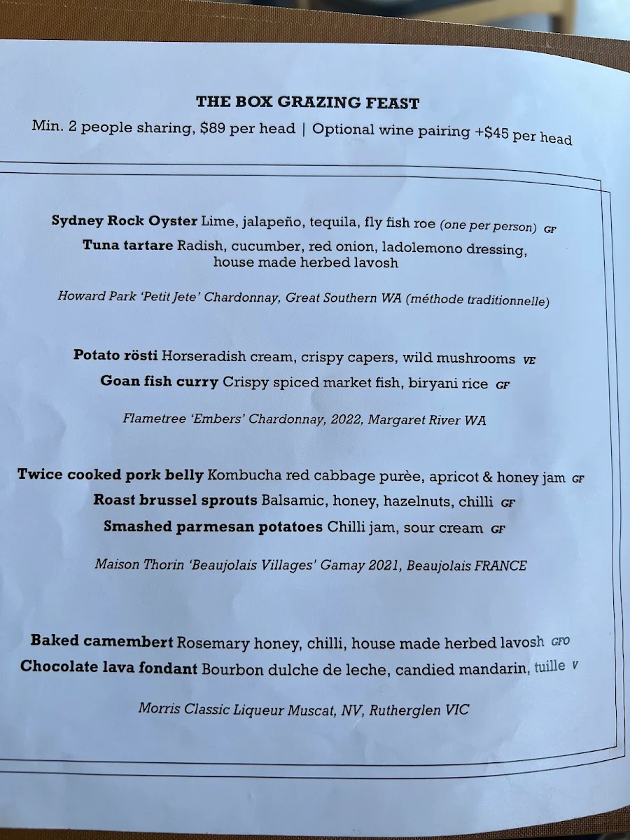 Menu, The BOX on the Water