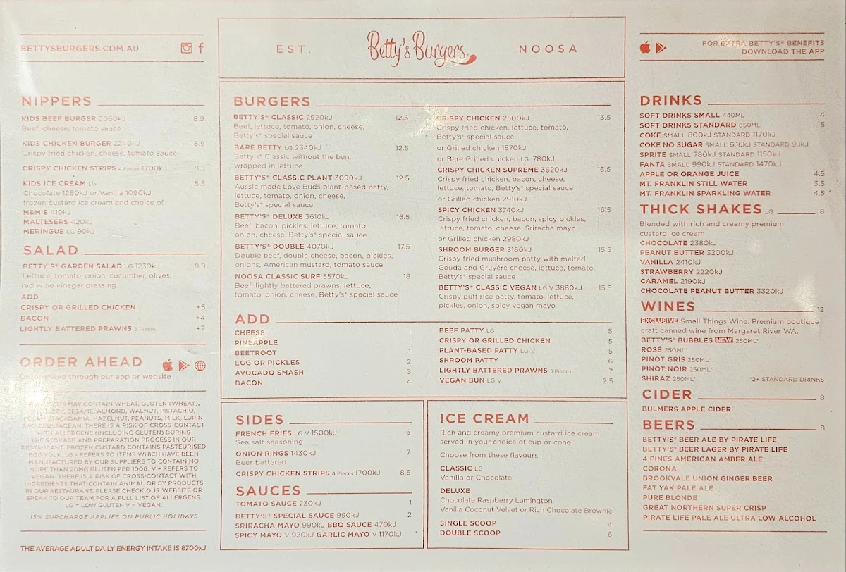 Menu, Betty's Burgers