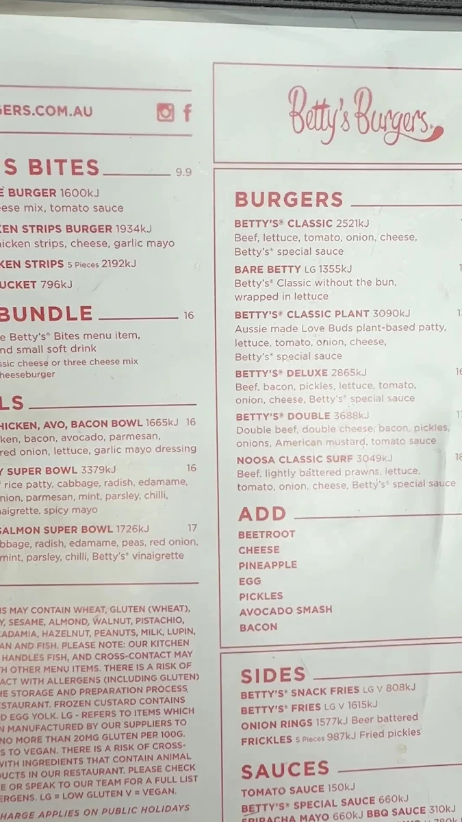 Menu, Betty's Burgers