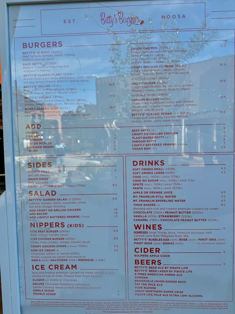 Menu, Betty's Burgers