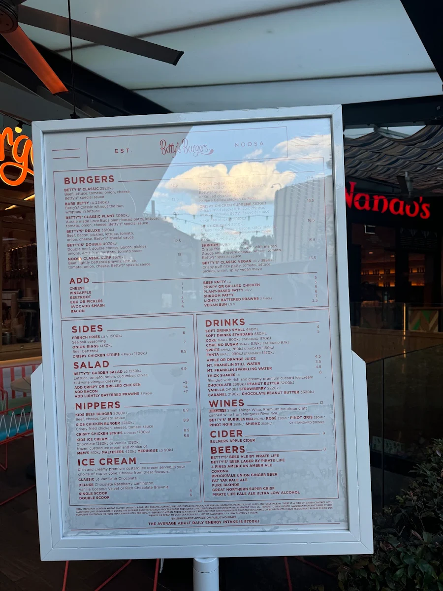 Menu, Betty's Burgers